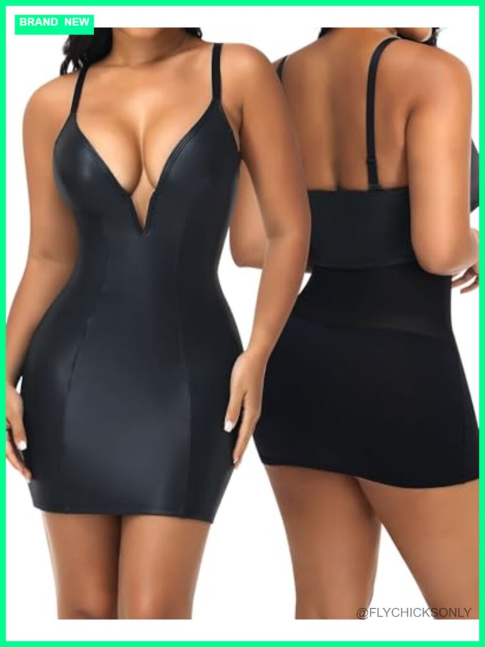 Faux Leather Deep V Neck Bodycon Mini Dress with Built-in Shapewear Slip, Tummy